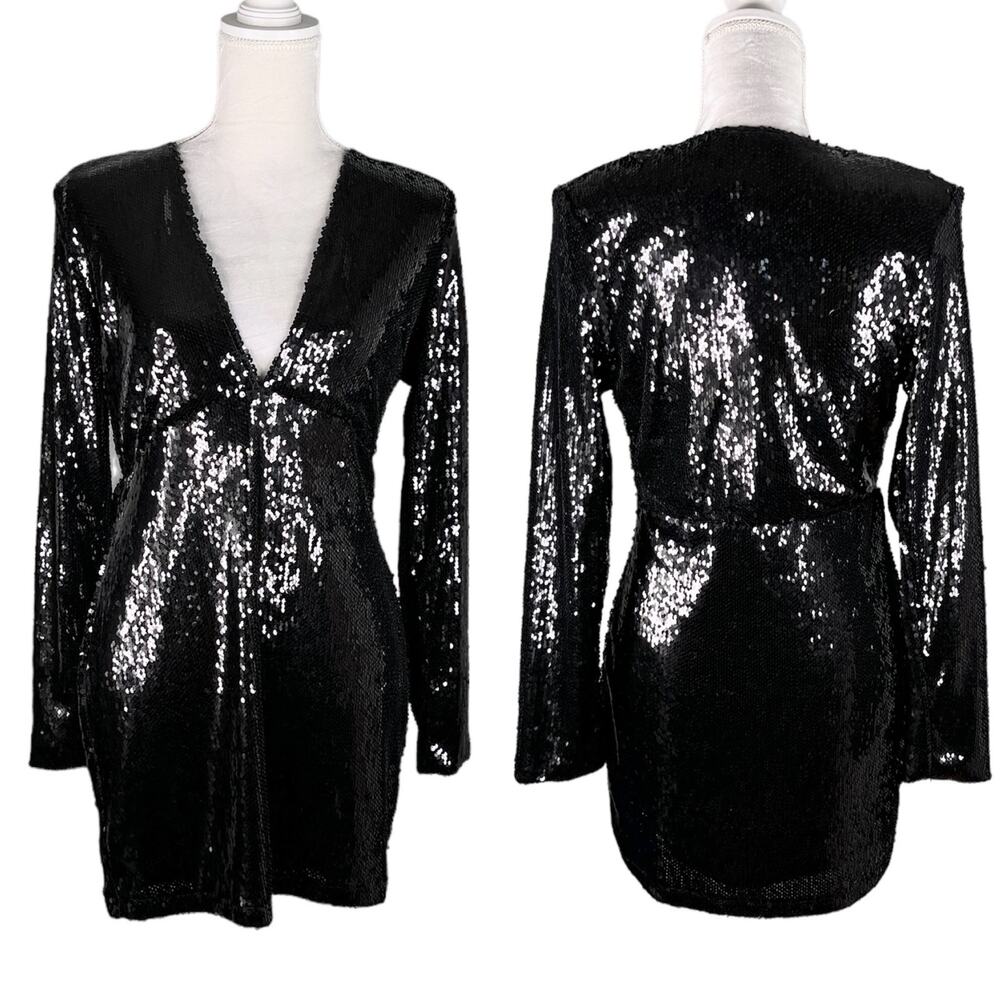 Motel Melana Plunge Neck Bodycon Sequin Dress Black Medium New